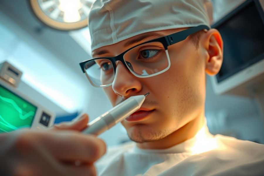 Surgeon in operating room, wearing glasses and surgical cap, holding a surgical instrument. Focus on medical procedure and healthcare environment.