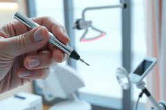 Close-up of a dental handpiece held in a gloved hand. The image showcases dental equipment in a clinical setting with a blurred background of a dental office.