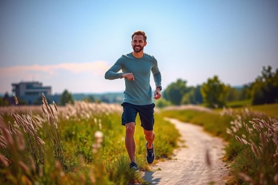 The image shows a man running on a path. He is dressed in athletic wear and has a smile on his face, indicating he is enjoying the activity. The environment around him suggests it might be early morning or late afternoon due to the soft lighting. The ground is covered with grass and there are trees lining the path.