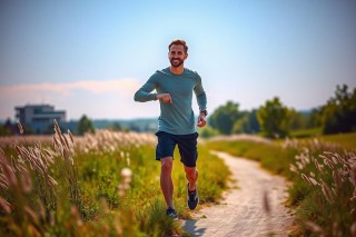 The image shows a man running on a path. He is dressed in athletic wear and has a smile on his face, indicating he is enjoying the activity. The environment around him suggests it might be early morning or late afternoon due to the soft lighting. The ground is covered with grass and there are trees lining the path.