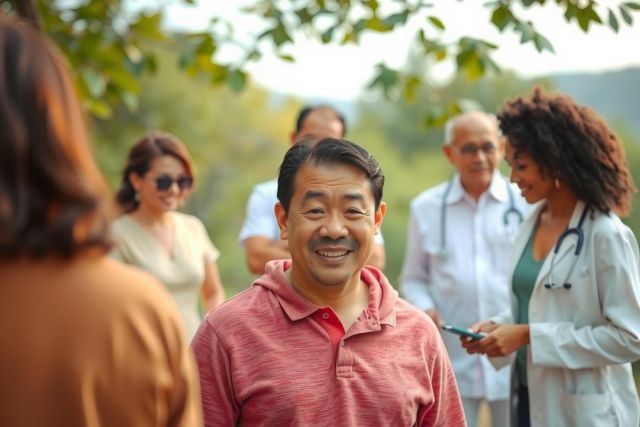 The image shows an outdoor gathering of people. A man in a red shirt is smiling and engaged with the group, suggesting he may be the center of attention or discussion.