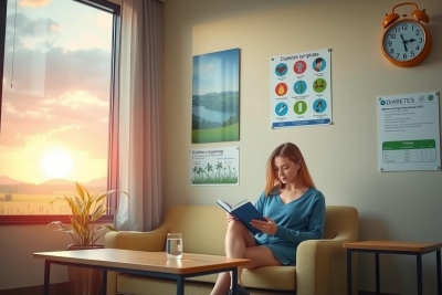 This image captures a serene indoor scene. A woman is seated on a yellow couch, engrossed in reading a book. She appears to be in a comfortable living room environment, with a large window allowing natural light to fill the space.