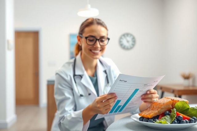 A female doctor in a lab coat examines a graph while a healthy salmon and veggie plate sits nearby. Focus on nutrition, healthcare, and data analysis.