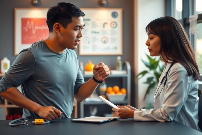 The image shows a man and woman in a professional setting. The man is standing, wearing a casual shirt. He appears to be listening to the woman who is seated at a desk.