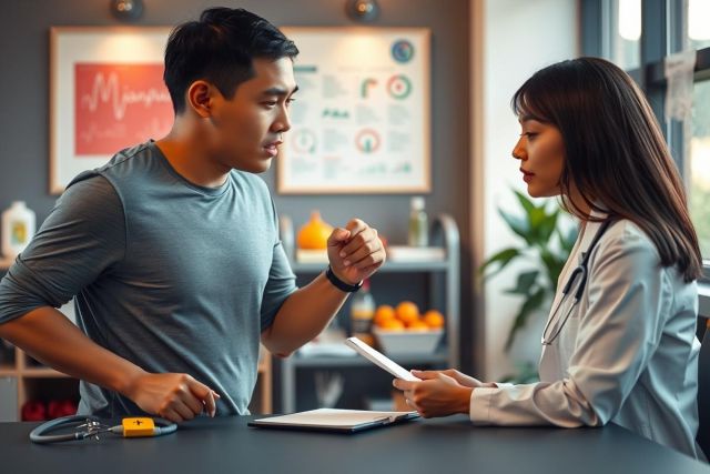 The image shows a man and woman in a professional setting. The man is standing, wearing a casual shirt. He appears to be listening to the woman who is seated at a desk.