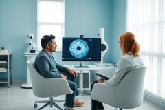 Eye exam in a modern clinic. A doctor consults with a patient while an eye scan image displays on a monitor. Blue and white color scheme, showcasing healthcare technology and eye care services. Ophthalmology, vision checkup, medical consultation.