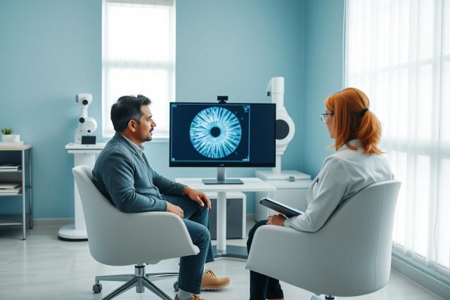 Eye exam in a modern clinic. A doctor consults with a patient while an eye scan image displays on a monitor. Blue and white color scheme, showcasing healthcare technology and eye care services. Ophthalmology, vision checkup, medical consultation.