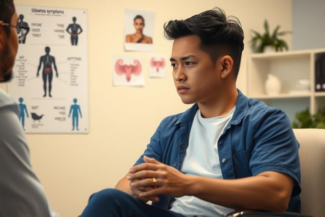 The image depicts an indoor setting, likely a medical office or consultation room. A male doctor is seated across from another person who appears to be a patient. The doctor is in professional attire consisting of a light blue jacket over a white shirt and dark pants.
