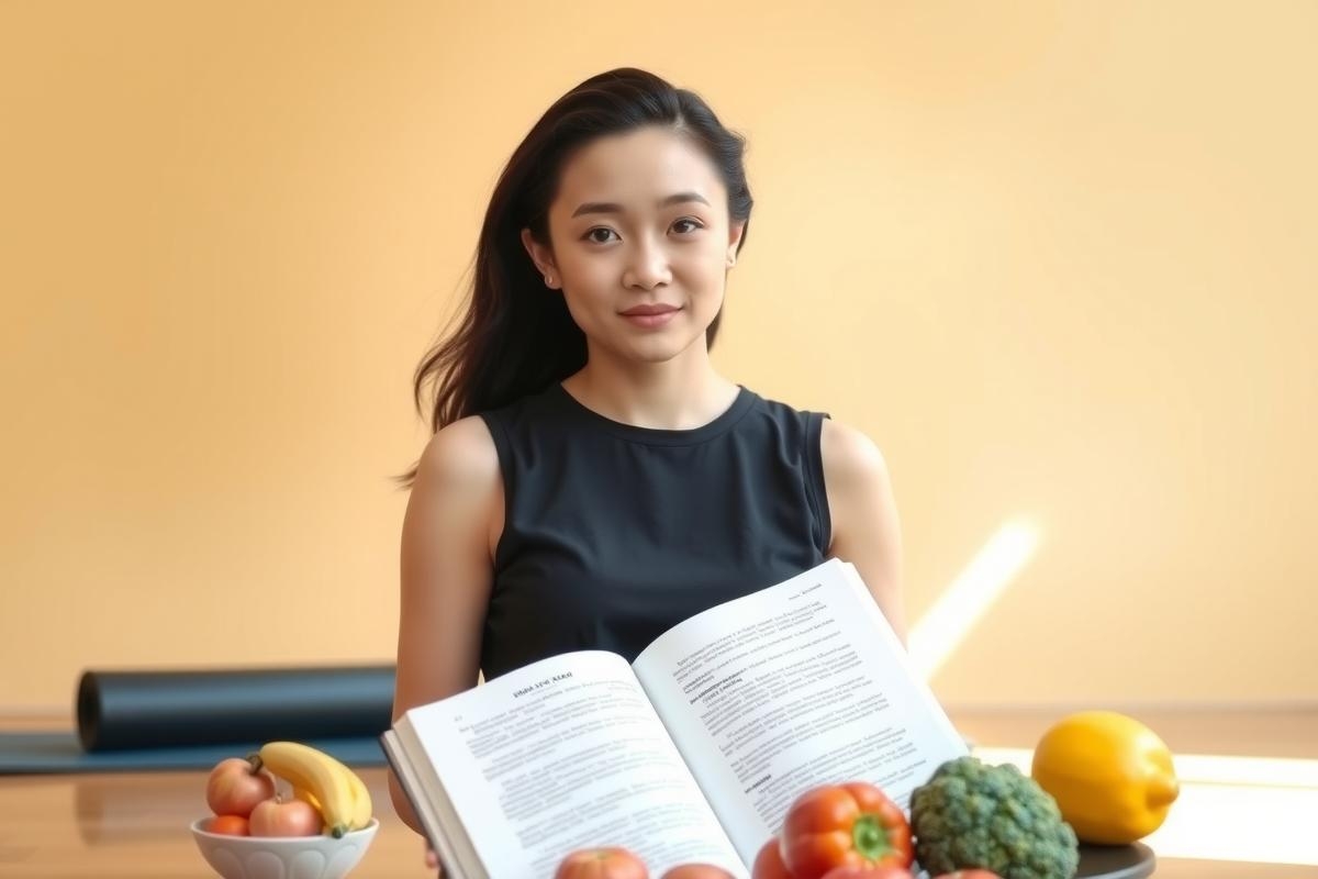 The image features a woman sitting at a desk, holding a book open. She is wearing a black top and appears to be in a room with a yellow wall in the background.