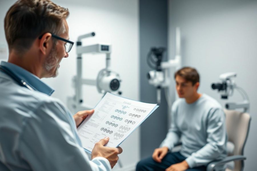 Optometrist examining a patient in a modern eye care clinic. Doctor with glasses holds an eye chart during an eye test. Healthcare, vision check, and medical examination scene with white and gray tones.