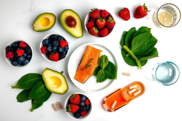 Healthy food arrangement featuring salmon, strawberries, blueberries, avocado, and leafy greens on a white surface. Vibrant colors and fresh ingredients showcase a nutritious meal or diet concept.