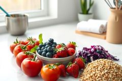 Fresh produce display: vibrant red tomatoes, juicy blueberries, and ripe strawberries in a bowl. Natural light, healthy food, and a minimalist kitchen setting.