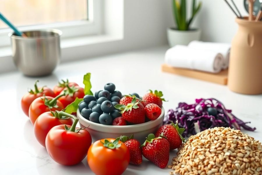 Fresh produce display: vibrant red tomatoes, juicy blueberries, and ripe strawberries in a bowl. Natural light, healthy food, and a minimalist kitchen setting.