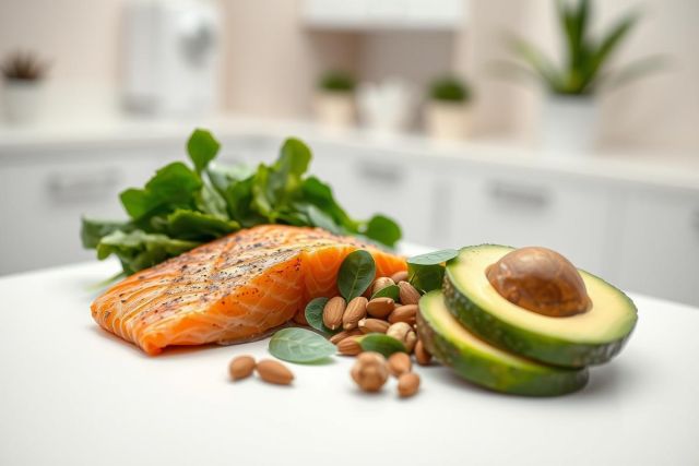 Healthy food still life featuring grilled salmon, avocado slices, and almonds with fresh greens on a white surface. Vibrant orange, green, and brown tones in a bright kitchen setting. Focus on nutritious ingredients for a balanced diet.