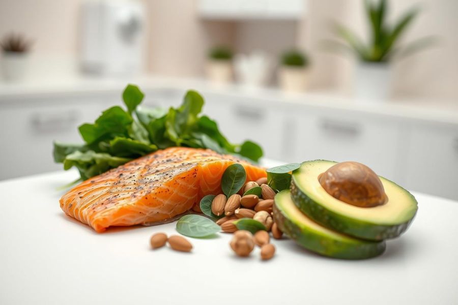 Healthy food still life featuring grilled salmon, avocado slices, and almonds with fresh greens on a white surface. Vibrant orange, green, and brown tones in a bright kitchen setting. Focus on nutritious ingredients for a balanced diet.