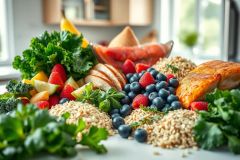 Healthy meal prep featuring grilled salmon, brown rice, vibrant fruits (strawberries, blueberries, pineapple), and leafy greens like kale. A nutritious and colorful balanced diet displayed in a bright, modern kitchen setting.