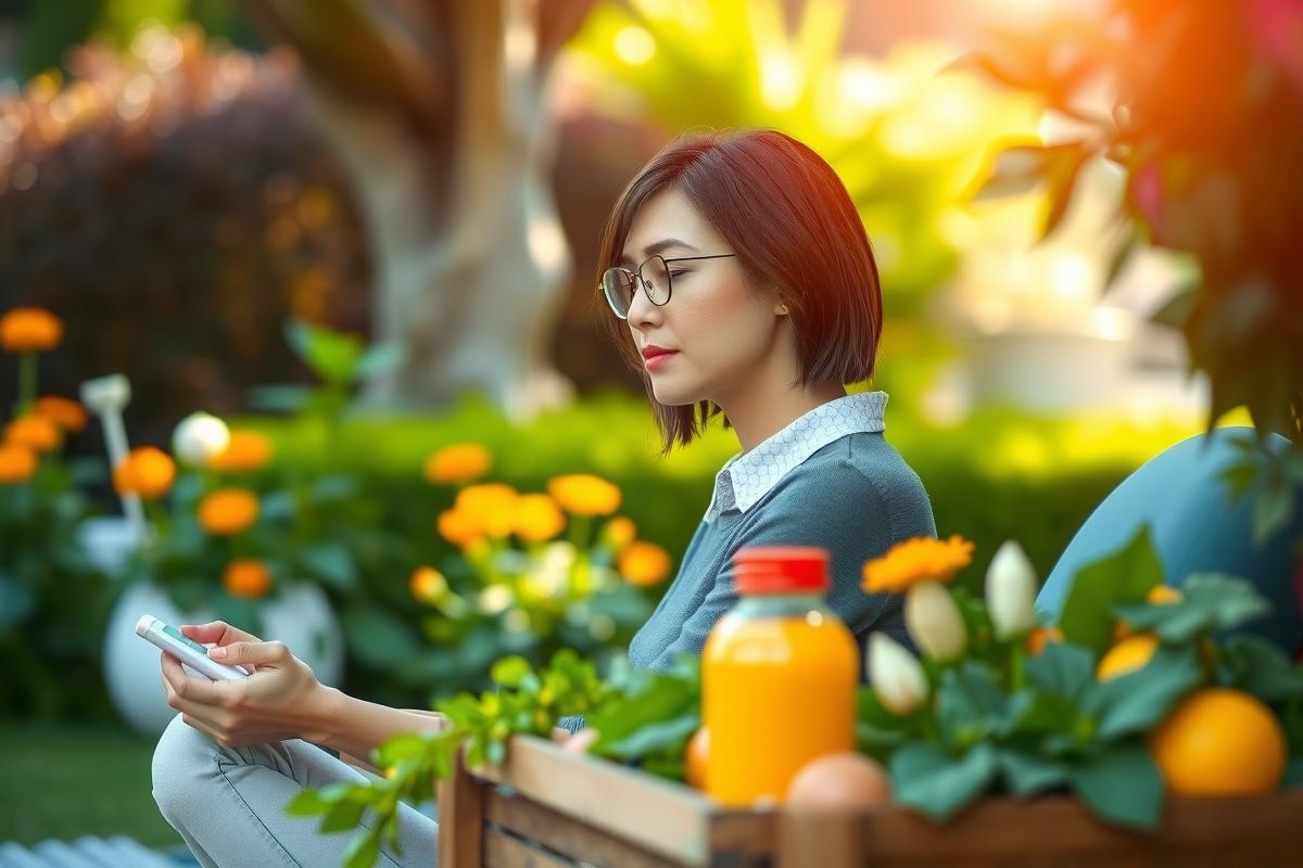 The image depicts a woman sitting on a bench in what appears to be an outdoor area. She is wearing glasses, a gray shirt. She is looking at her cell phone with a focused expression.