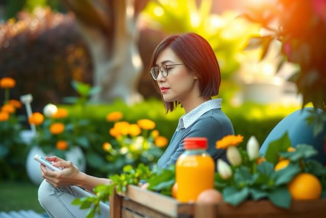 The image depicts a woman sitting on a bench in what appears to be an outdoor area. She is wearing glasses, a gray shirt. She is looking at her cell phone with a focused expression.