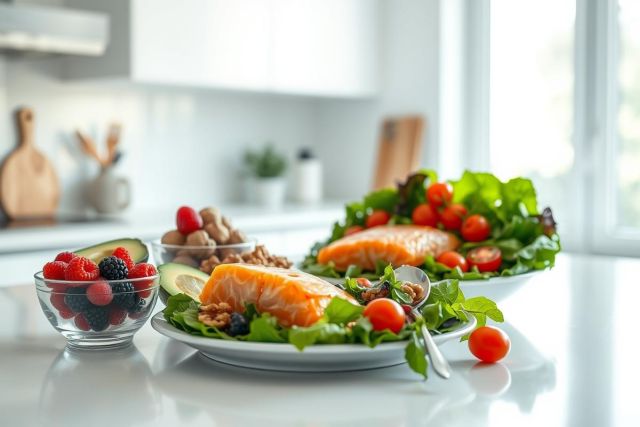 Healthy salmon salad with berries and nuts on a white countertop. Bright, clean kitchen setting with natural light. Focus on nutritious ingredients and a balanced diet. Delicious and vibrant food photography.