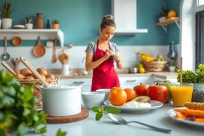 The image depicts a woman in a kitchen, wearing an apron and preparing food. The kitchen is equipped with various cookware like spoons, bowls, a knife, and a cutting board. There are fresh ingredients visible such as oranges, tomatoes, and other vegetables. 