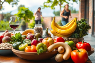 Vibrant display of fresh fruits and vegetables arranged in bowls on a wooden table. In the background, people are engaged in outdoor activities during the day.
