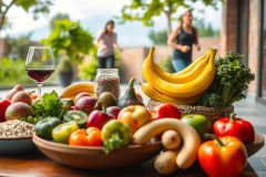 Vibrant display of fresh fruits and vegetables arranged in bowls on a wooden table. In the background, people are engaged in outdoor activities during the day.