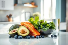 Healthy food ingredients on a white countertop. Includes avocado, salmon, blueberries, and fresh lettuce. Bright, natural light in a modern kitchen setting. Focus on nutritious ingredients for a balanced diet and wellness.