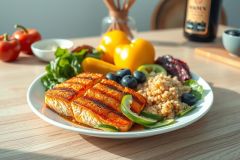 Healthy salmon dish with quinoa, vibrant greens, and blueberries on a plate. Fresh ingredients, bright colors, and a nutritious meal concept. Food photography, wellness, and balanced diet themes.