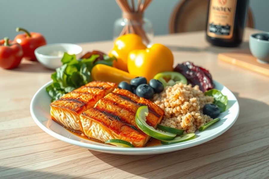 Healthy salmon dish with quinoa, vibrant greens, and blueberries on a plate. Fresh ingredients, bright colors, and a nutritious meal concept. Food photography, wellness, and balanced diet themes.