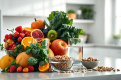 Healthy food arrangement featuring vibrant fruits like oranges, grapefruit, berries, and an apple, alongside leafy greens like kale, and nuts. Set on a kitchen counter, showcasing a healthy lifestyle and nutritious ingredients. Bright, natural lighting enhances the colors of the produce.