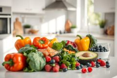 Vibrant, healthy food display in a bright kitchen. Colorful peppers (red, orange, yellow), kale, avocado, blueberries, strawberries, and salmon create a fresh, nutritious scene. Focus on healthy eating and kitchen lifestyle.