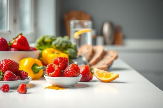 Fresh strawberries in a white bowl on a kitchen counter with oranges and peppers. A vibrant, colorful still life scene showcasing healthy food and a bright, clean aesthetic.