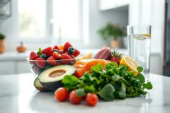 Healthy food still life featuring fresh strawberries, blueberries, avocado, salmon, tomatoes, and lemon in a bright kitchen setting. Focus on vibrant colors and nutritious ingredients for a wellness and healthy eating theme.