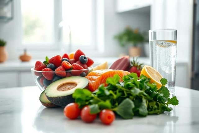 Healthy food still life featuring fresh strawberries, blueberries, avocado, salmon, tomatoes, and lemon in a bright kitchen setting. Focus on vibrant colors and nutritious ingredients for a wellness and healthy eating theme.