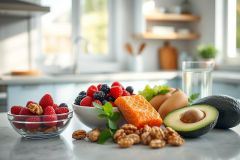 Healthy food arrangement showcasing vibrant raspberries, blueberries, salmon, avocado, eggs, and walnuts on a marble countertop. Bright, clean kitchen environment, emphasizing fresh, nutritious ingredients for a balanced diet. Focus on wellness and healthy eating.
