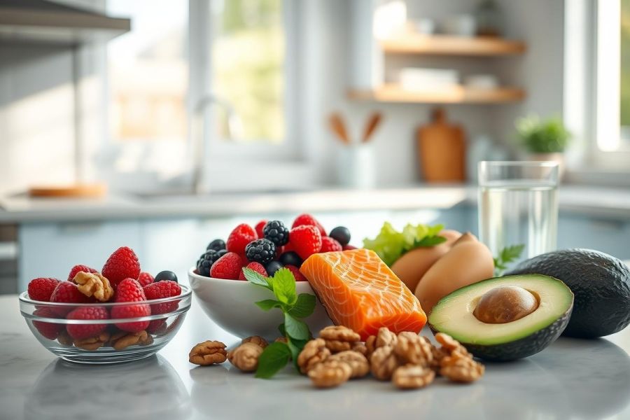 Healthy food arrangement showcasing vibrant raspberries, blueberries, salmon, avocado, eggs, and walnuts on a marble countertop. Bright, clean kitchen environment, emphasizing fresh, nutritious ingredients for a balanced diet. Focus on wellness and healthy eating.