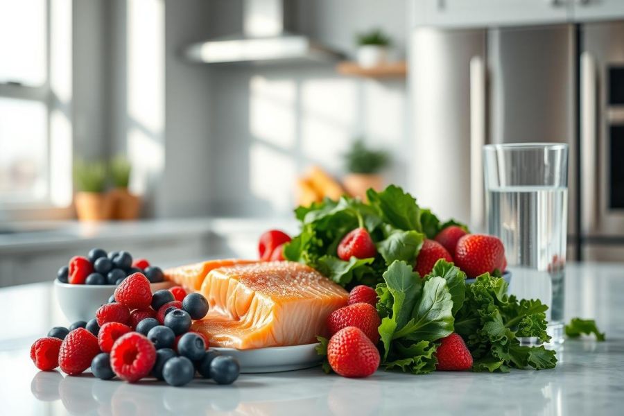 Healthy meal prep featuring salmon, kale, blueberries, and strawberries on a white marble countertop. Bright, natural light highlights the vibrant colors in a modern kitchen setting. Focus on nutritious food and wellness.