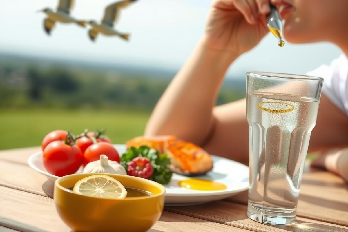 The image shows a person seated at an outdoor dining table enjoying a meal. The individual appears to be having breakfast and has various food items in front of them, including eggs with tomatoes and greens, possibly some bread or roll, and a glass of water with lemon wedges.