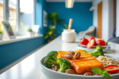Healthy salmon dish with broccoli and cherry tomatoes on a plate, featuring vibrant colors and a bright, modern kitchen setting. Focus on healthy eating and nutritious food.