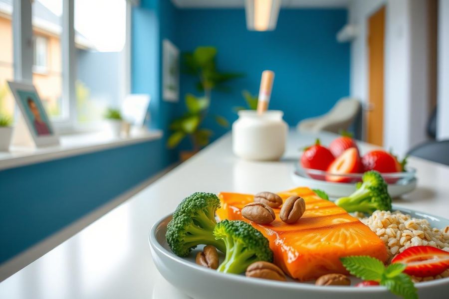 Healthy salmon dish with broccoli and cherry tomatoes on a plate, featuring vibrant colors and a bright, modern kitchen setting. Focus on healthy eating and nutritious food.