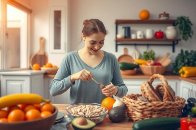 The image depicts a woman in a kitchen, engaged in meal preparation. She is wearing a grey shirt and appears to be cutting food items in a bowl with a knife.