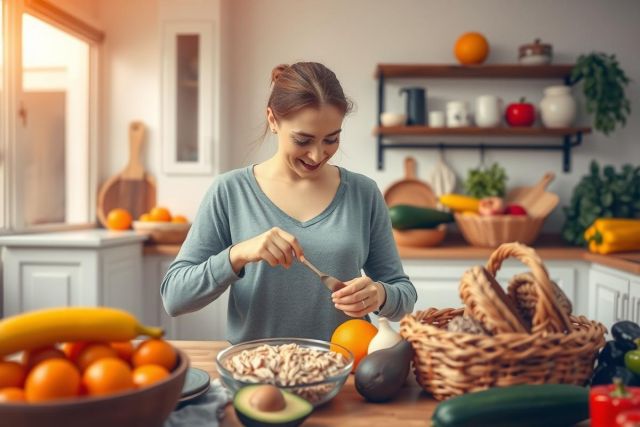 The image depicts a woman in a kitchen, engaged in meal preparation. She is wearing a grey shirt and appears to be cutting food items in a bowl with a knife.