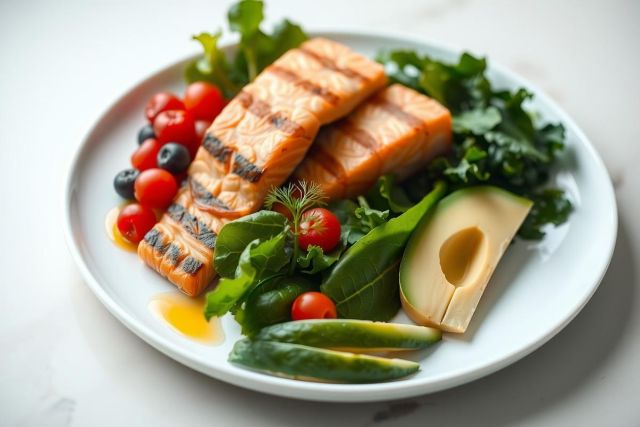 Healthy salmon dish with grilled fish, fresh spinach, avocado slices, and cherry tomatoes on a white plate. A vibrant, nutritious meal with a focus on wellness and balanced eating.