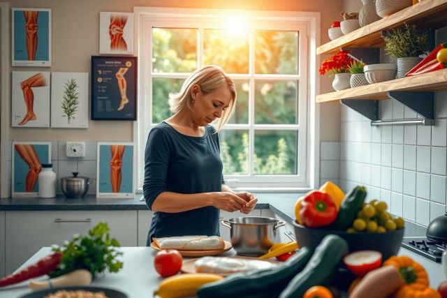 In this image, a woman is in her kitchen preparing food. She stands at the counter, surrounded by various ingredients including vegetables and fruits that suggest she might be cooking a healthy meal or perhaps baking something.