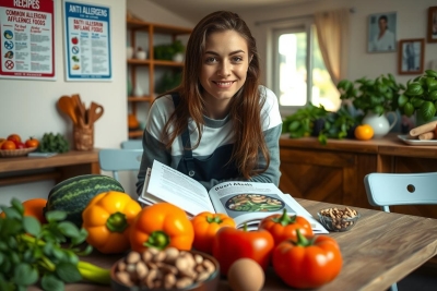The image depicts a young woman in a kitchen setting. She appears to be engaged with the content of a book, which she's holding open on a wooden table covered with various types of fresh produce, including oranges and tomatoes. The environment suggests a cozy domestic space, possibly used for cooking or meal preparation. The colors in the image are warm and naturalistic, reflecting the subject matter.