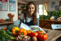 The image depicts a young woman in a kitchen setting. She appears to be engaged with the content of a book, which she's holding open on a wooden table covered with various types of fresh produce, including oranges and tomatoes. The environment suggests a cozy domestic space, possibly used for cooking or meal preparation. The colors in the image are warm and naturalistic, reflecting the subject matter.