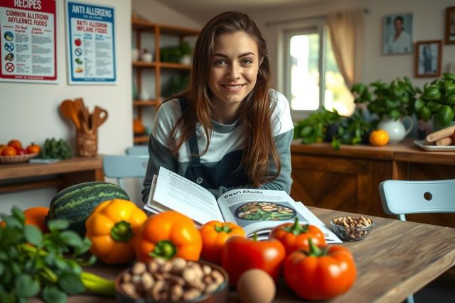 The image depicts a young woman in a kitchen setting. She appears to be engaged with the content of a book, which she's holding open on a wooden table covered with various types of fresh produce, including oranges and tomatoes. The environment suggests a cozy domestic space, possibly used for cooking or meal preparation. The colors in the image are warm and naturalistic, reflecting the subject matter.