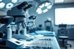 Surgical microscope setup in a sterile operating room. Blue and silver tones dominate the scene with bright surgical lights overhead. Instruments and a draped table suggest a medical procedure or surgical preparation environment. Healthcare, surgery, and laboratory concepts are present.