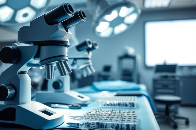 Surgical microscope setup in a sterile operating room. Blue and silver tones dominate the scene with bright surgical lights overhead. Instruments and a draped table suggest a medical procedure or surgical preparation environment. Healthcare, surgery, and laboratory concepts are present.