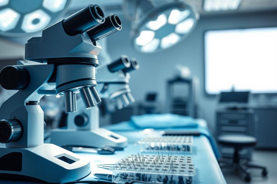 Surgical microscope setup in a sterile operating room. Blue and silver tones dominate the scene with bright surgical lights overhead. Instruments and a draped table suggest a medical procedure or surgical preparation environment. Healthcare, surgery, and laboratory concepts are present.